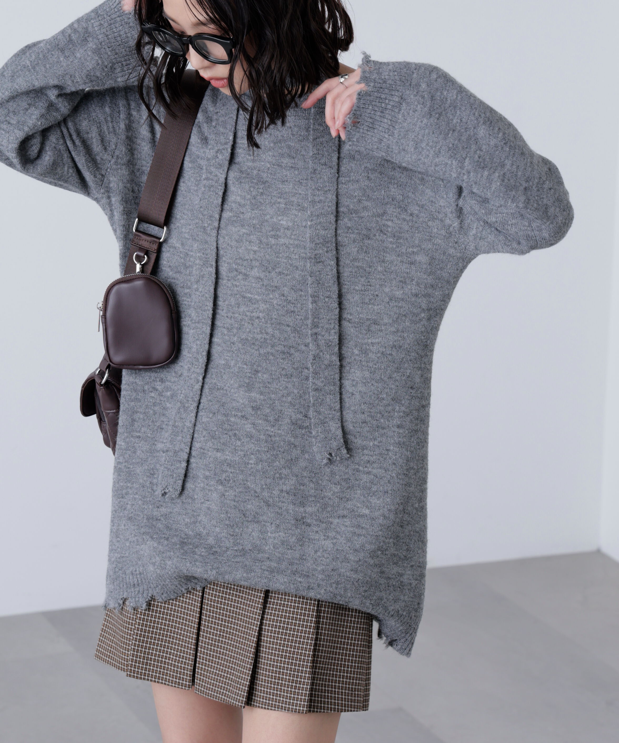  「モヘヤ混タイ付きルーズミニワンピース」|ワンピース|