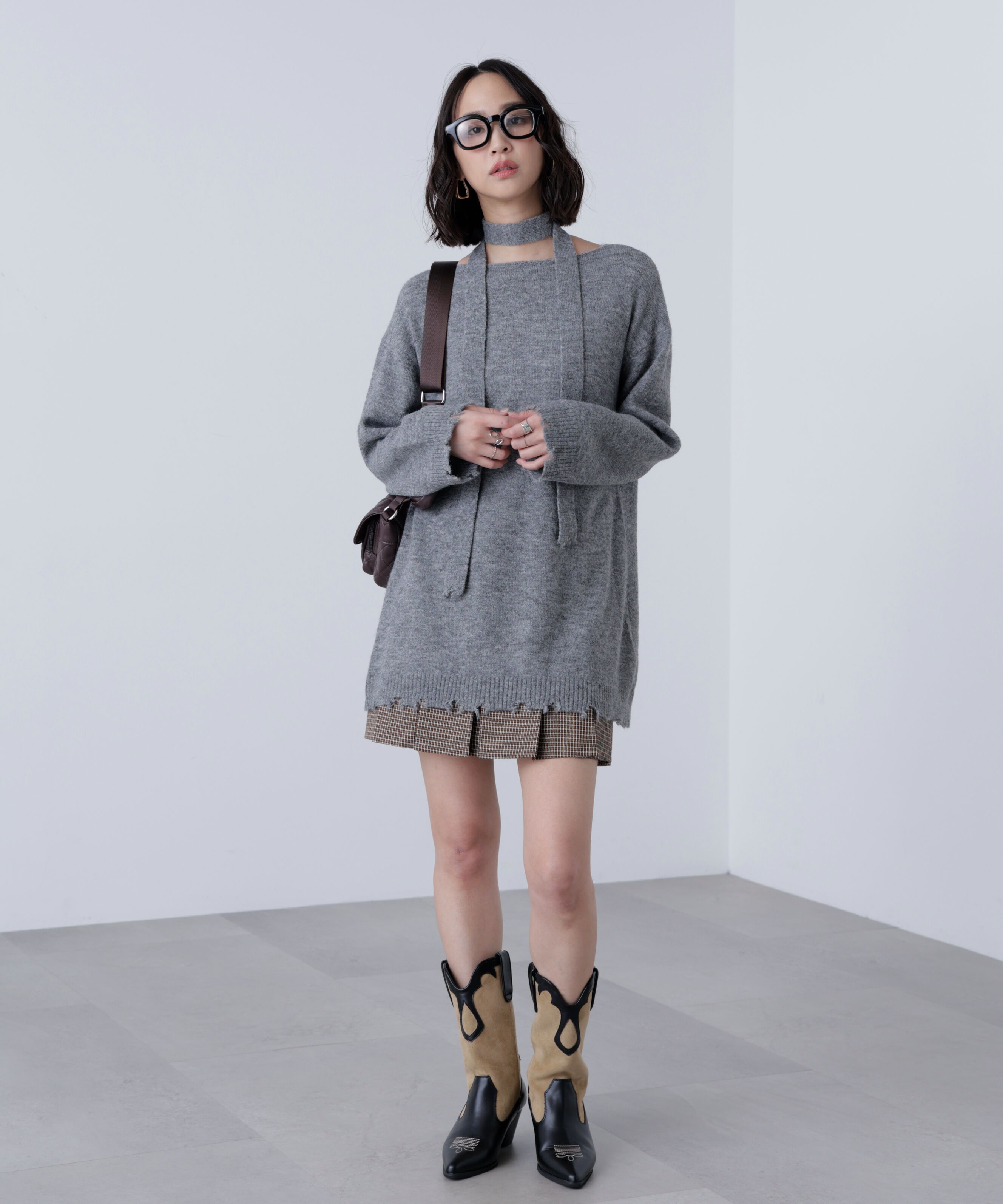  「モヘヤ混タイ付きルーズミニワンピース」|ワンピース|