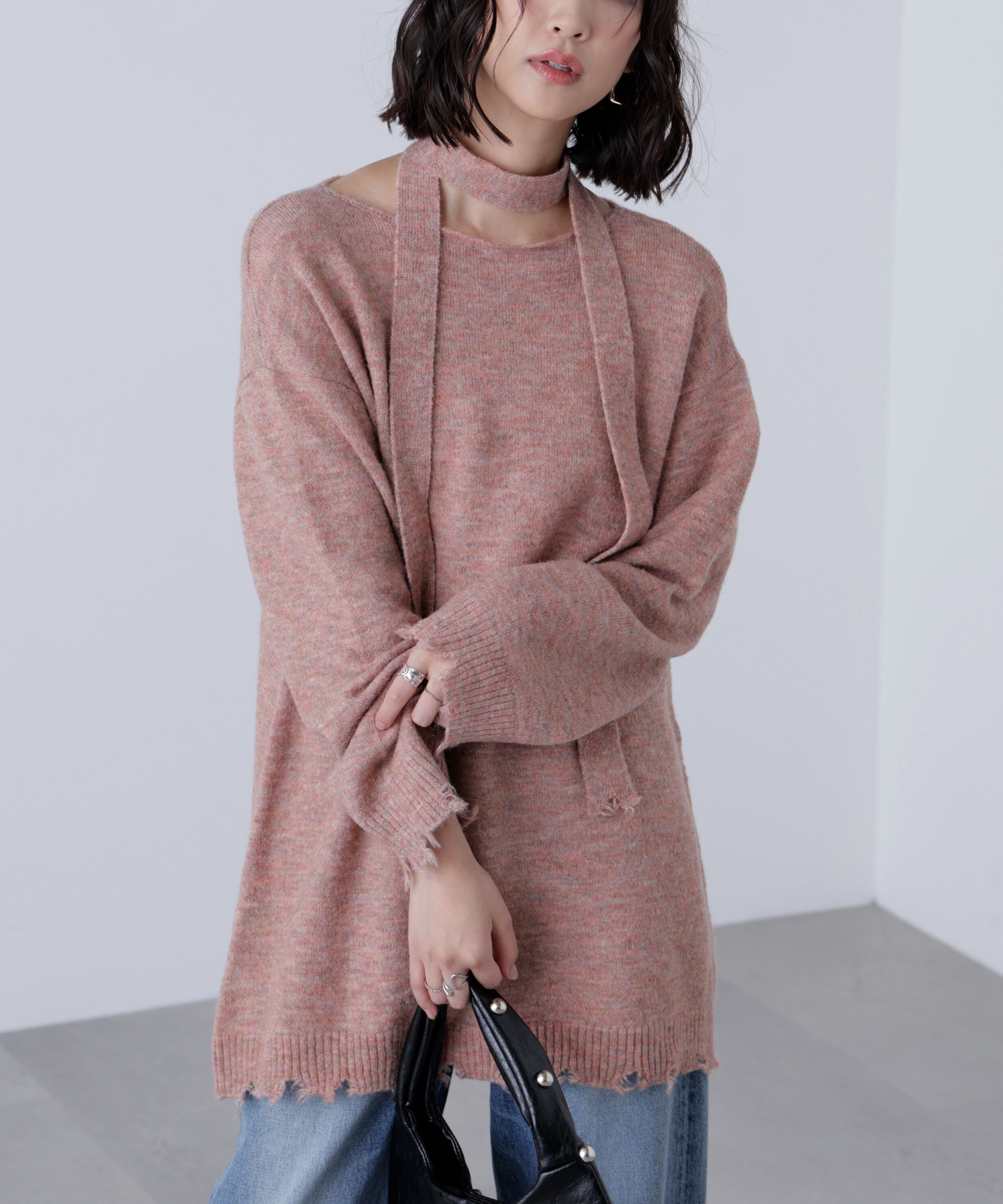  「モヘヤ混タイ付きルーズミニワンピース」|ワンピース|