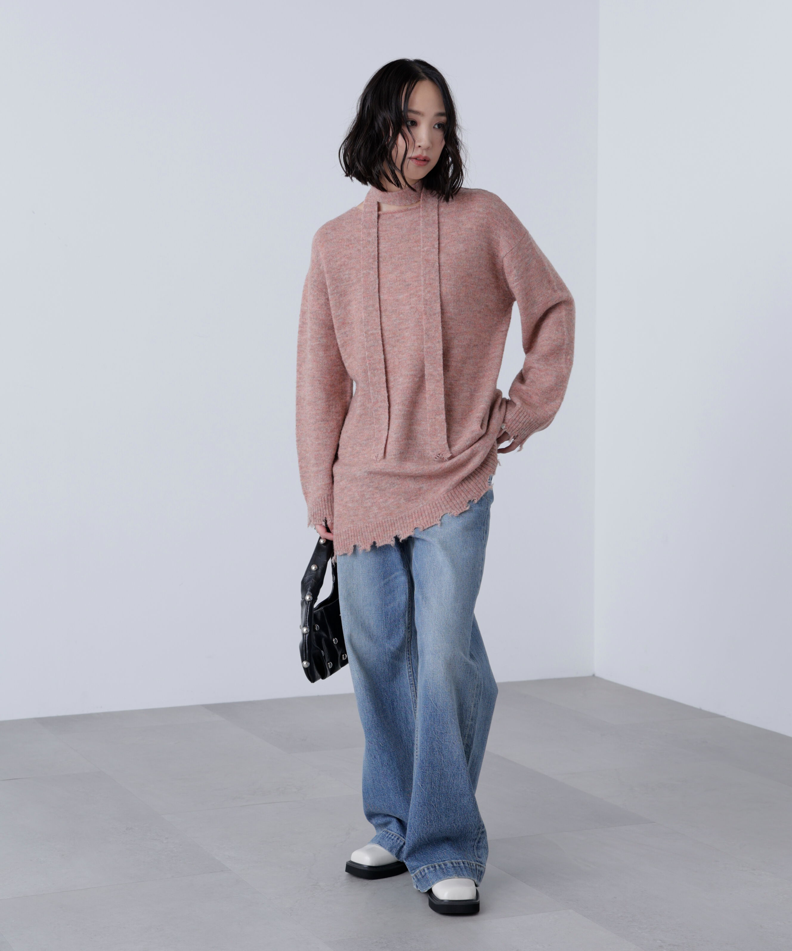  「モヘヤ混タイ付きルーズミニワンピース」|ワンピース|