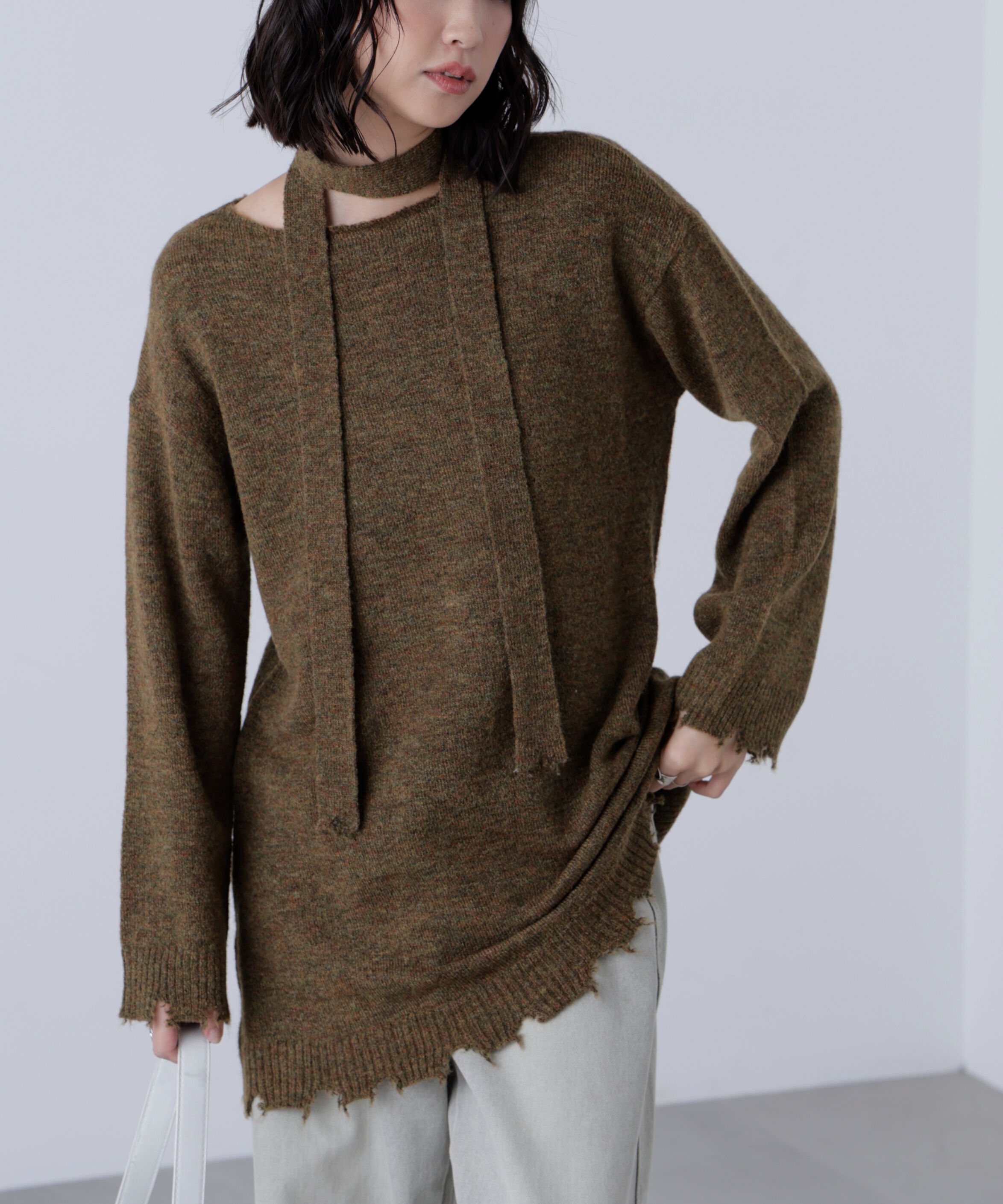  「モヘヤ混タイ付きルーズミニワンピース」|ワンピース|カーキ