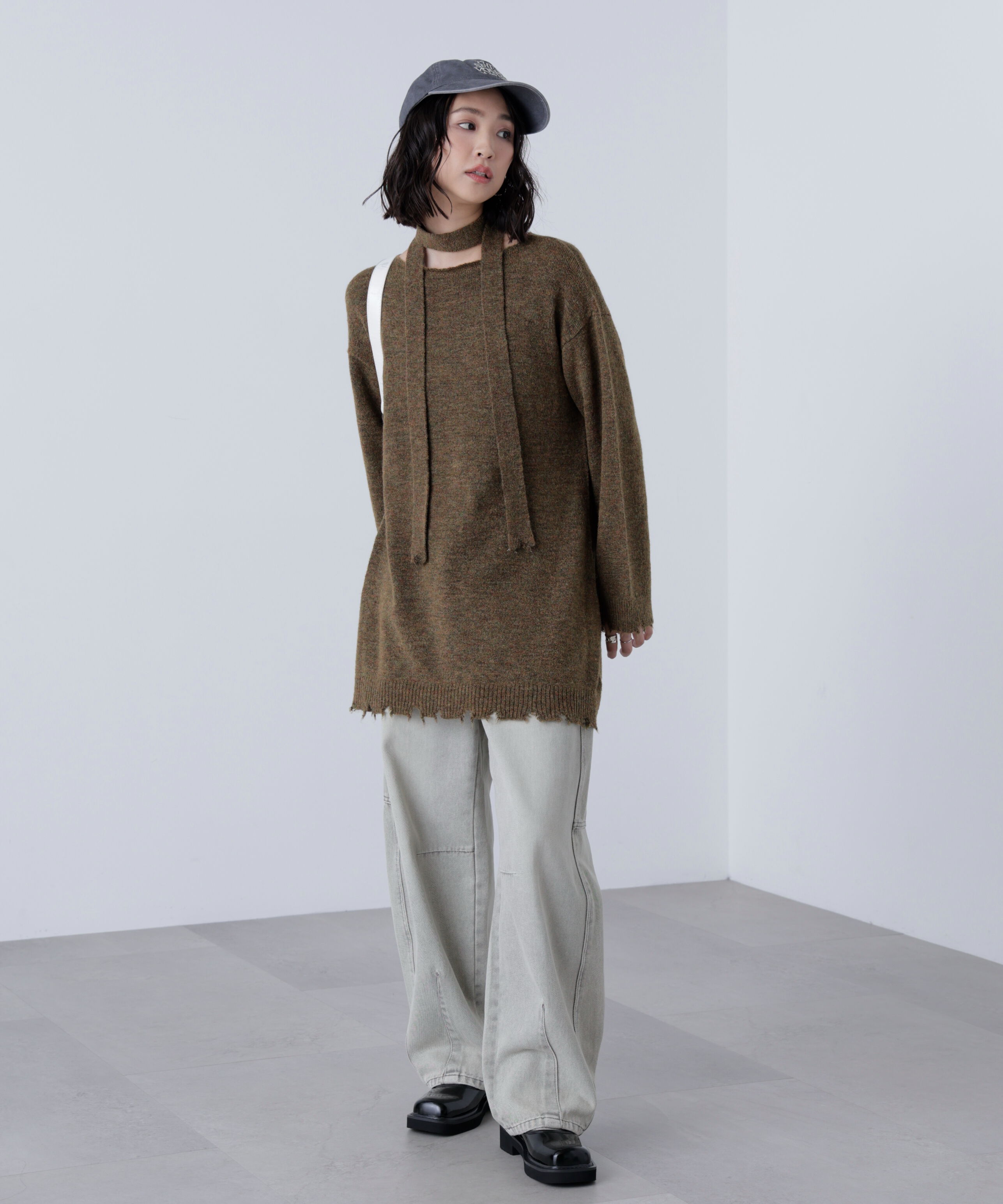  「モヘヤ混タイ付きルーズミニワンピース」|ワンピース|