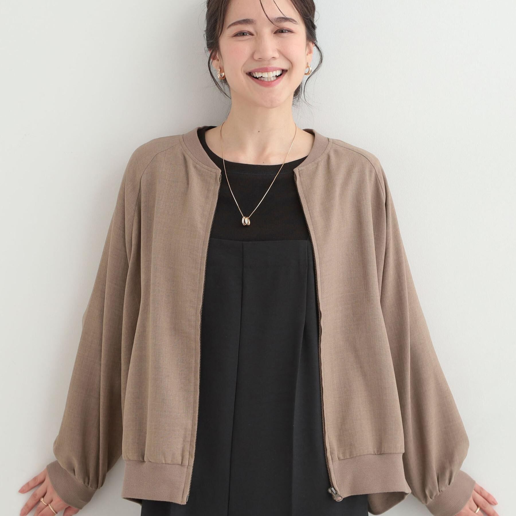 SHOO･LA･RUE「【洗濯機可/S-LL】さらっと快適　麻調ゆるリブブルゾン」|ブルゾン・スタジャン|キャメルブラウン(0