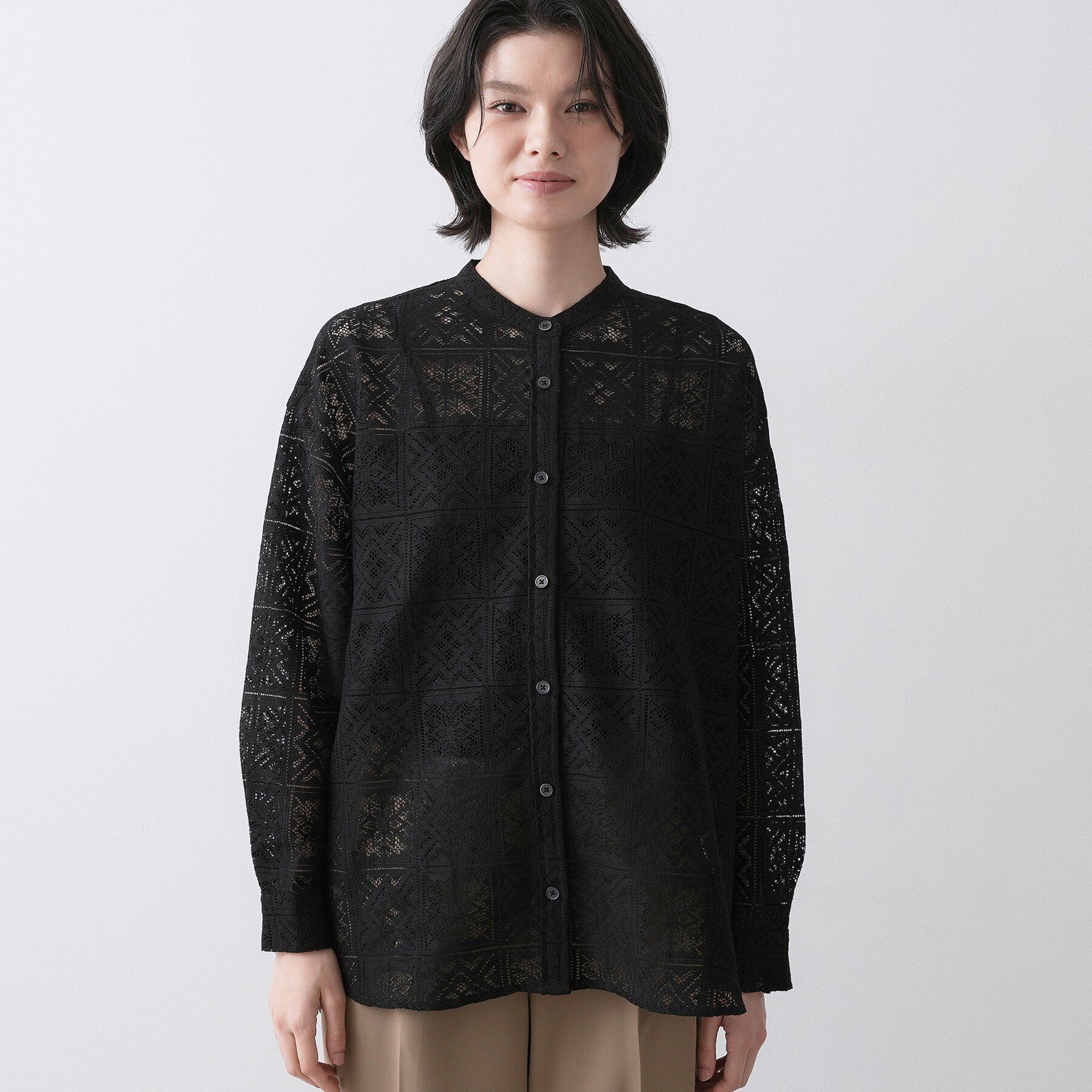 Dessin「【洗える】スクエアレースノーカラーシャツ」|シャツ・ブラウス|