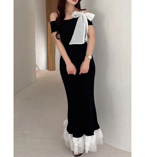 MERCURYDUO「ワンショルリボンティアードニットワンピース」|ワンピース|ブラック