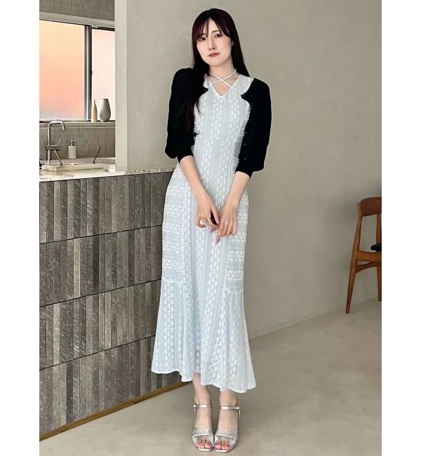 MERCURYDUO「カットレースブロッキングマーメイドワンピース」|ワンピース|