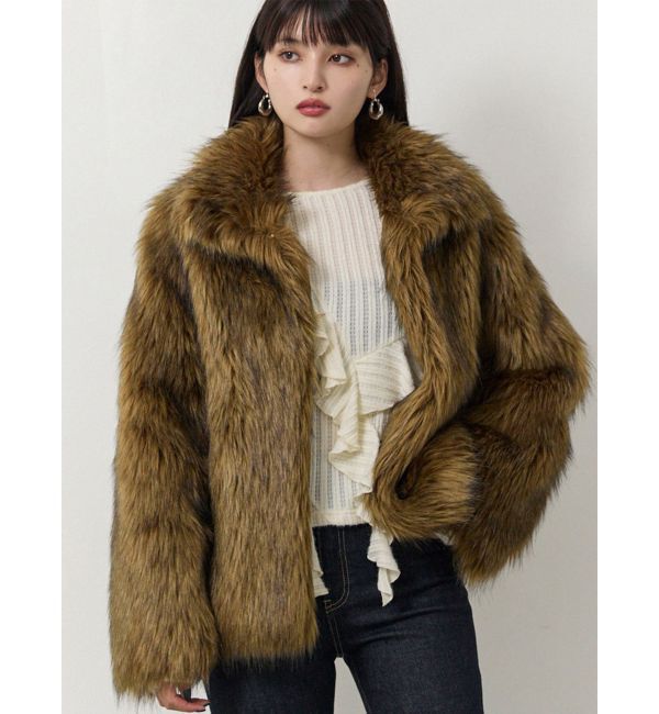 MURUA「フェイクファーラインジャガードコート」|ステンカラーコート|ブラウン