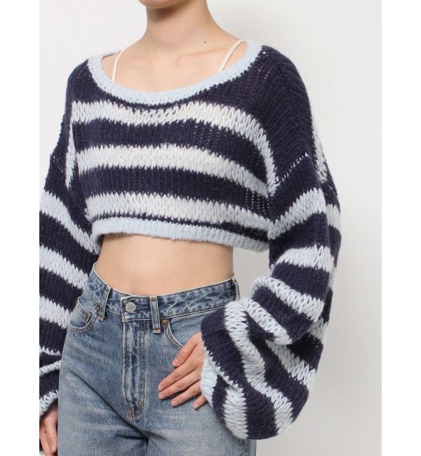 Ungrid「透かし編みボーダーショートニット」|ニット・セーター|