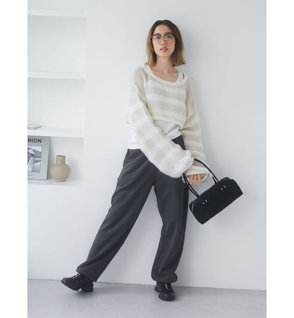 Ungrid「透かし編みボーダーショートニット」|ニット・セーター|