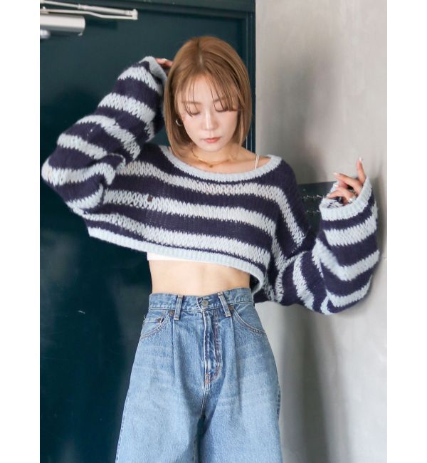 Ungrid「透かし編みボーダーショートニット」|ニット・セーター|