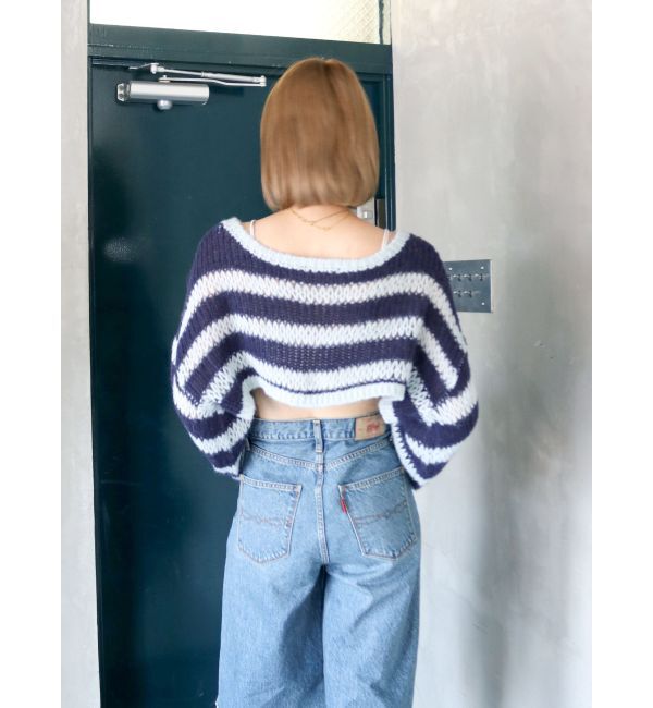 Ungrid「透かし編みボーダーショートニット」|ニット・セーター|