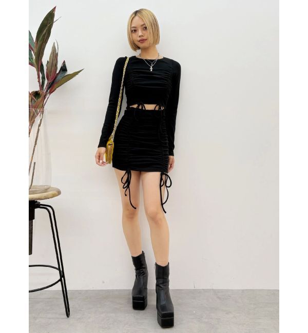 EVRIS「オープンウエストギャザーミニワンピース」|ワンピース|