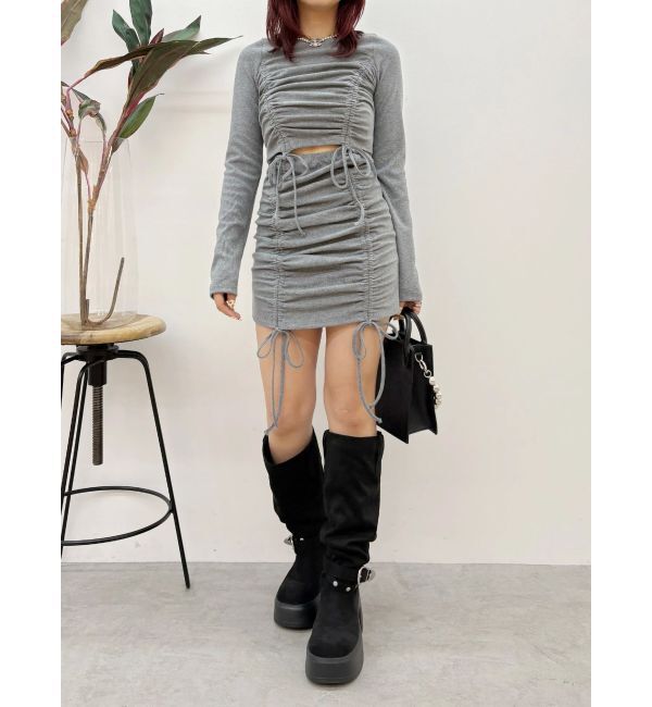 EVRIS「オープンウエストギャザーミニワンピース」|ワンピース|