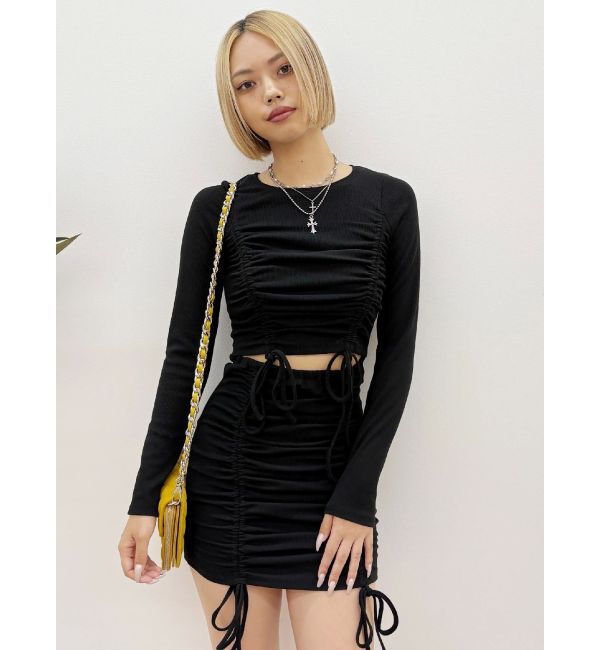 EVRIS「オープンウエストギャザーミニワンピース」|ワンピース|ブラック