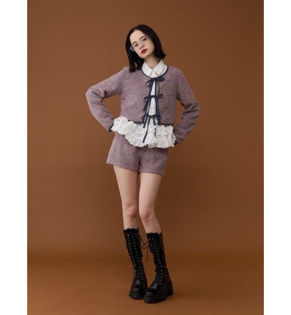 jouetie「バイカラーツイードライクショートジャケット【セットアップ対応】」|ノーカラージャケット|