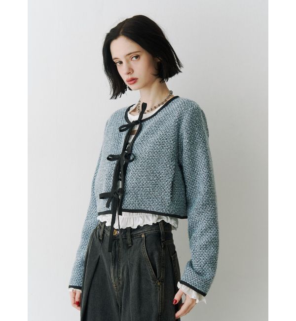 jouetie「バイカラーツイードライクショートジャケット【セットアップ対応】」|ノーカラージャケット|