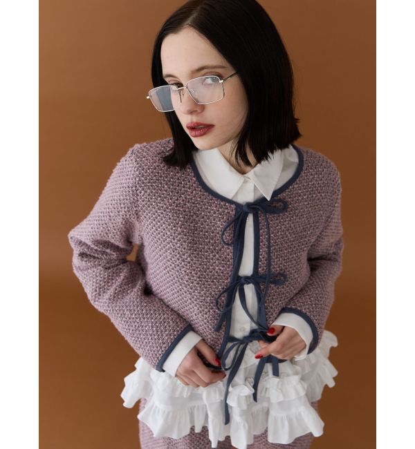 jouetie「バイカラーツイードライクショートジャケット【セットアップ対応】」|ノーカラージャケット|