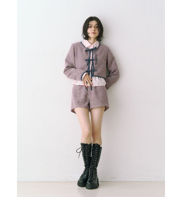 jouetie「バイカラーツイードライクショートジャケット【セットアップ対応】」|ノーカラージャケット|