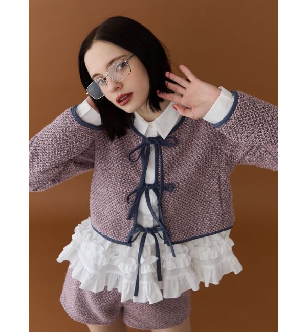 jouetie「バイカラーツイードライクショートジャケット【セットアップ対応】」|ノーカラージャケット|