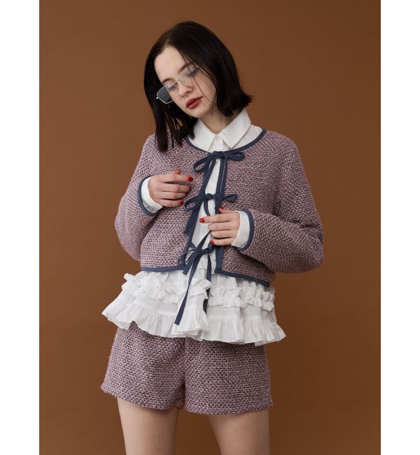 jouetie「バイカラーツイードライクショートジャケット【セットアップ対応】」|ノーカラージャケット|