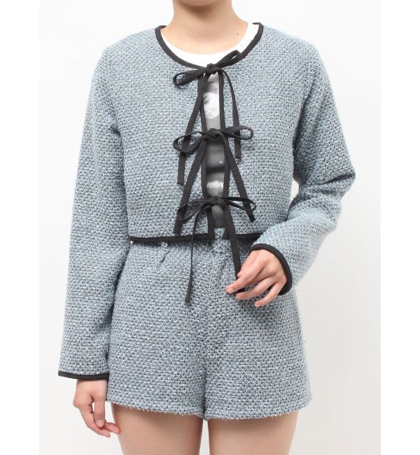jouetie「バイカラーツイードライクショートジャケット【セットアップ対応】」|ノーカラージャケット|