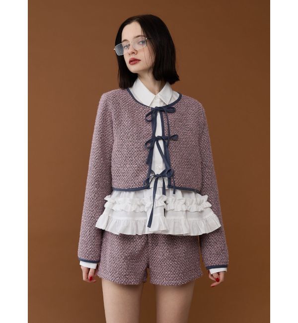 jouetie「バイカラーツイードライクショートジャケット【セットアップ対応】」|ノーカラージャケット|