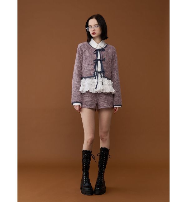 jouetie「バイカラーツイードライクショートジャケット【セットアップ対応】」|ノーカラージャケット|