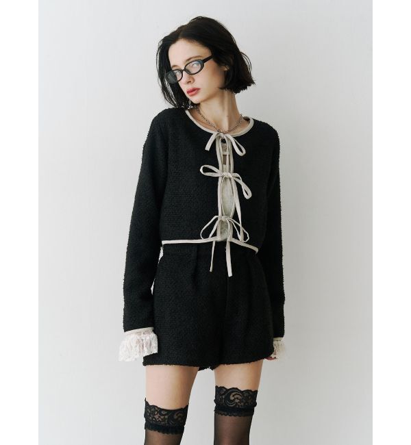 jouetie「バイカラーツイードライクショートジャケット【セットアップ対応】」|ノーカラージャケット|