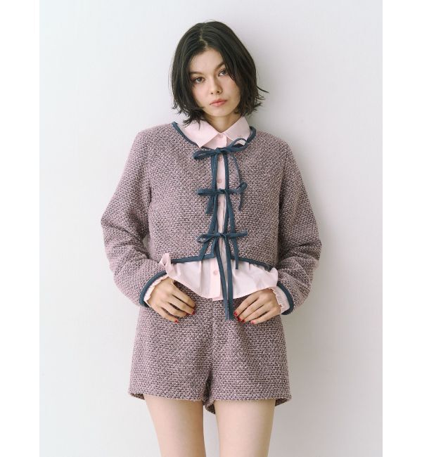 jouetie「バイカラーツイードライクショートジャケット【セットアップ対応】」|ノーカラージャケット|ピンク
