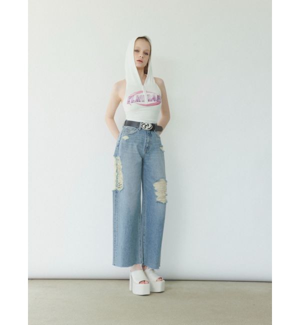 GYDA「ハイウエストSIDE straight line damageワイドデニムパンツ」|デニム|