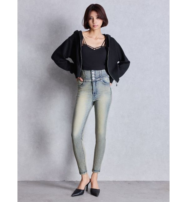 GYDA「ハイウエスト STUPID IN RICH embroideryスキニーデニムパンツ」|デニム|