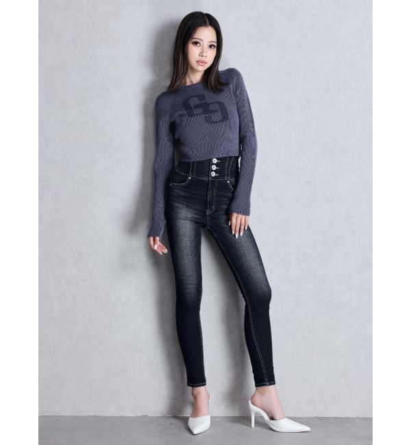 GYDA「ハイウエスト STUPID IN RICH embroideryスキニーデニムパンツ」|デニム|