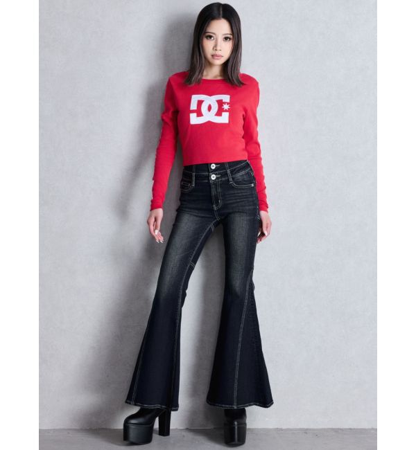 GYDA「ハイウエストボタンBACKレースアップフレアデニムパンツ」|デニム|