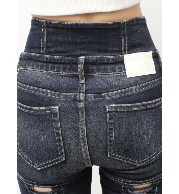 GYDA「ハイウエストボタンBACKレースアップフレアデニムパンツ」|デニム|