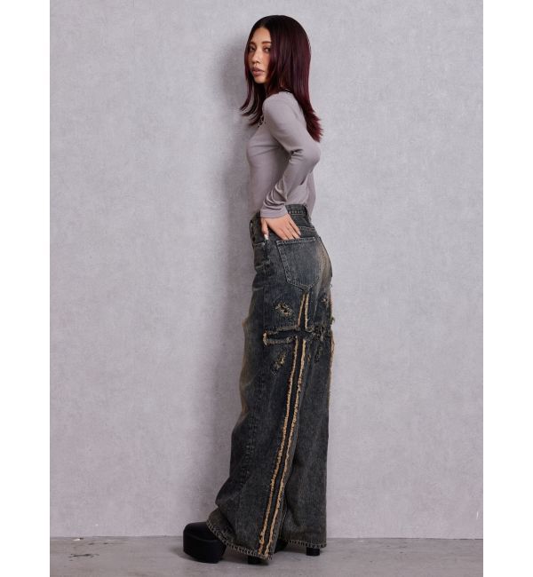 GYDA「ハイウエストBACK CROSS POINTワイドデニムパンツ」|デニム|