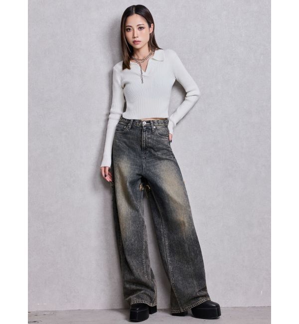 GYDA「ハイウエストBACK CROSS POINTワイドデニムパンツ」|デニム|