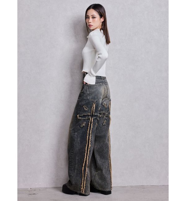 GYDA「ハイウエストBACK CROSS POINTワイドデニムパンツ」|デニム|