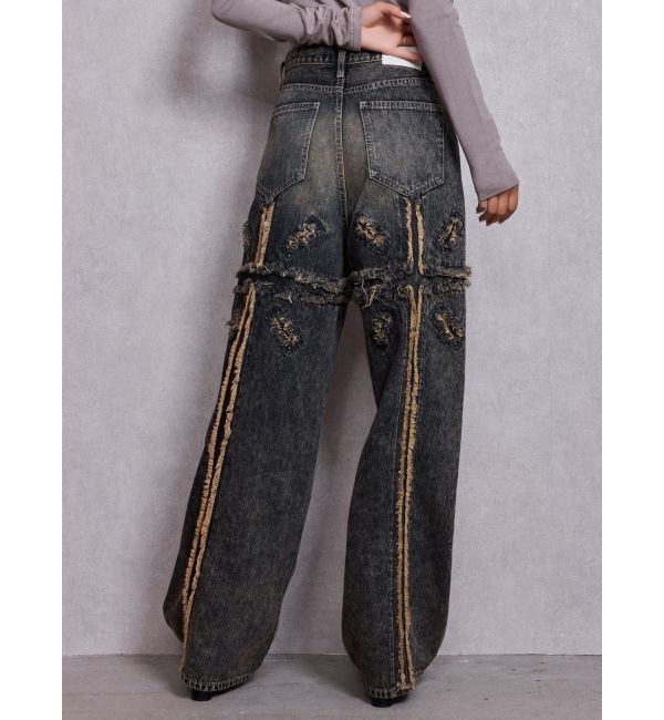 GYDA「ハイウエストBACK CROSS POINTワイドデニムパンツ」|デニム|インディゴ