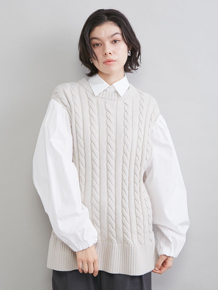 Mila Owen「付け衿付きシャツドッキングケーブルニット」|シャツ・ブラウス|