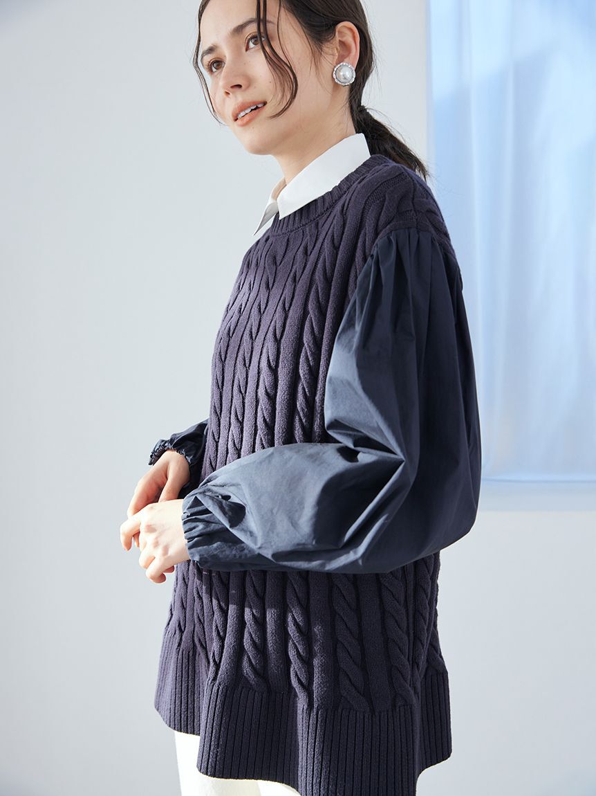 Mila Owen「付け衿付きシャツドッキングケーブルニット」|シャツ・ブラウス|
