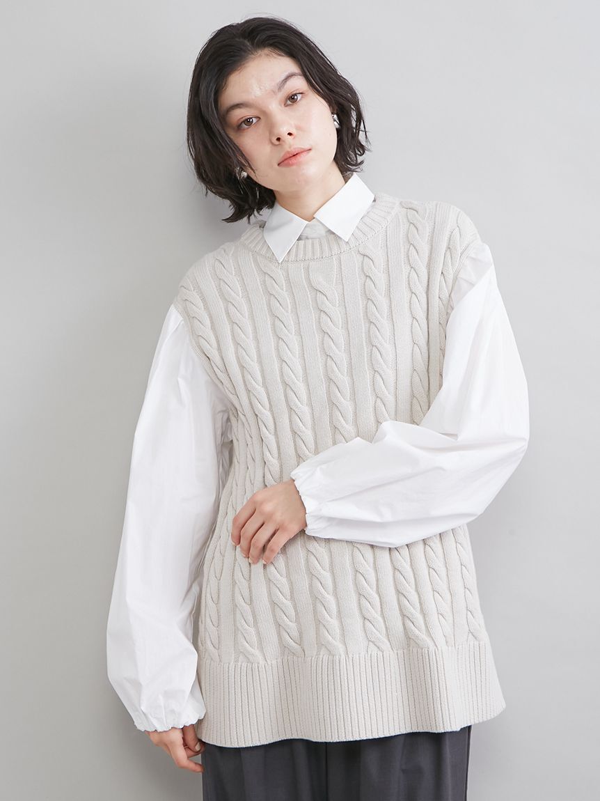 Mila Owen「付け衿付きシャツドッキングケーブルニット」|シャツ・ブラウス|