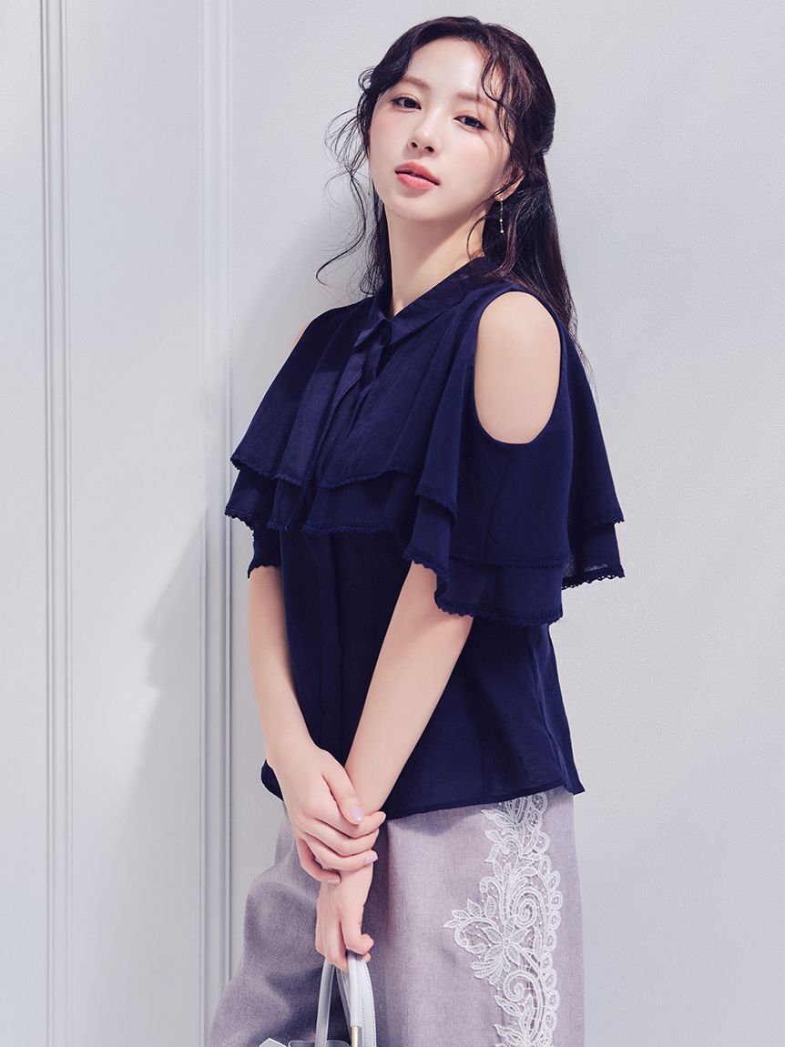 CELFORD「2WAYレーストリムケープブラウス」|シャツ・ブラウス|NVY