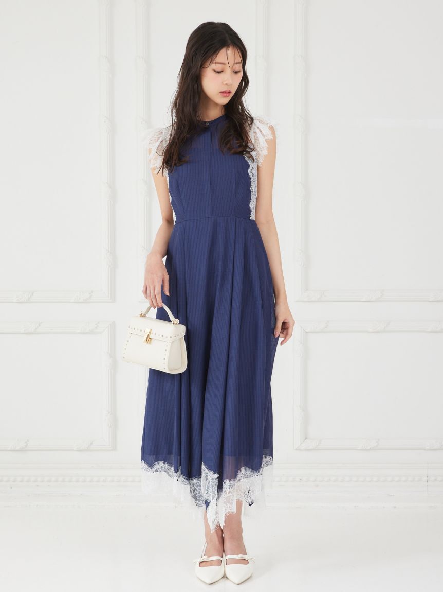 CELFORD「ストライプレーストリムワンピース」|ワンピース|NVY