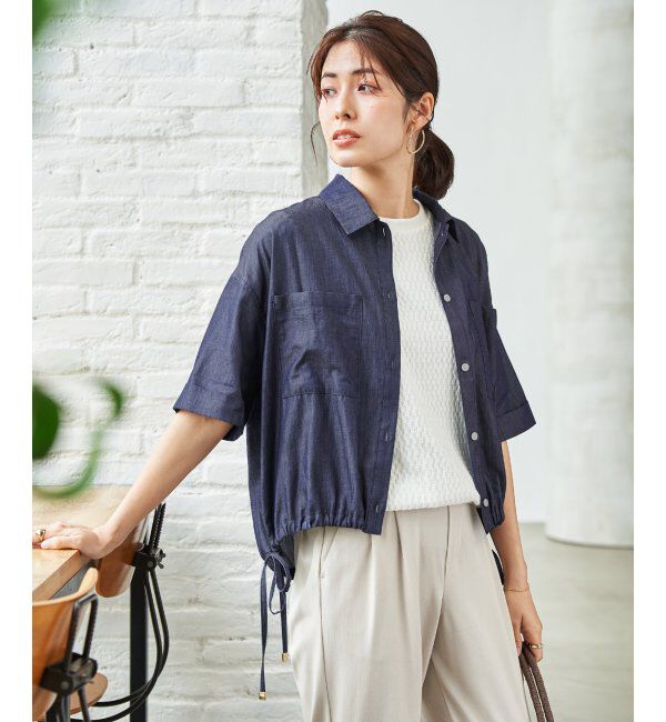 ikka「冷感／デニム裾ドロストシャツ」|シャツ・ブラウス|ネイビーブルー