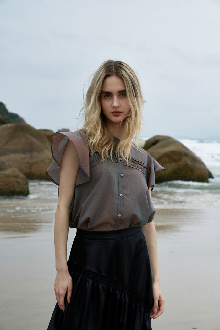 BACKYARD FAMILY「MIND ピンタックブラウス 通販 ブラウス バンドカラーブラウス 半袖 シャツ 前開き」|シャツ・ブラウス|