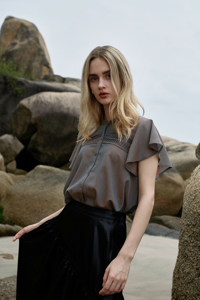 BACKYARD FAMILY「MIND ピンタックブラウス 通販 ブラウス バンドカラーブラウス 半袖 シャツ 前開き」|シャツ・ブラウス|