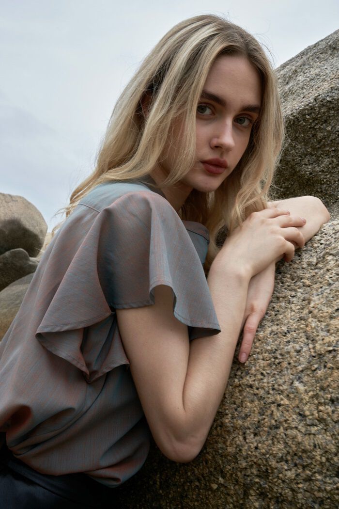 BACKYARD FAMILY「MIND ピンタックブラウス 通販 ブラウス バンドカラーブラウス 半袖 シャツ 前開き」|シャツ・ブラウス|