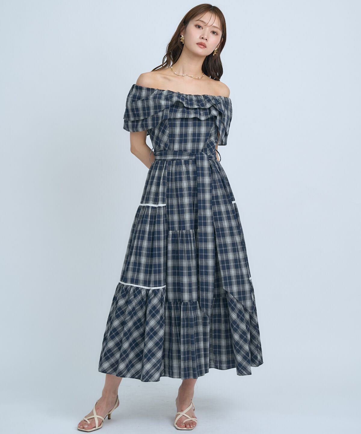 アンドクチュール「オフショルチェックフレアワンピース」|ワンピース|