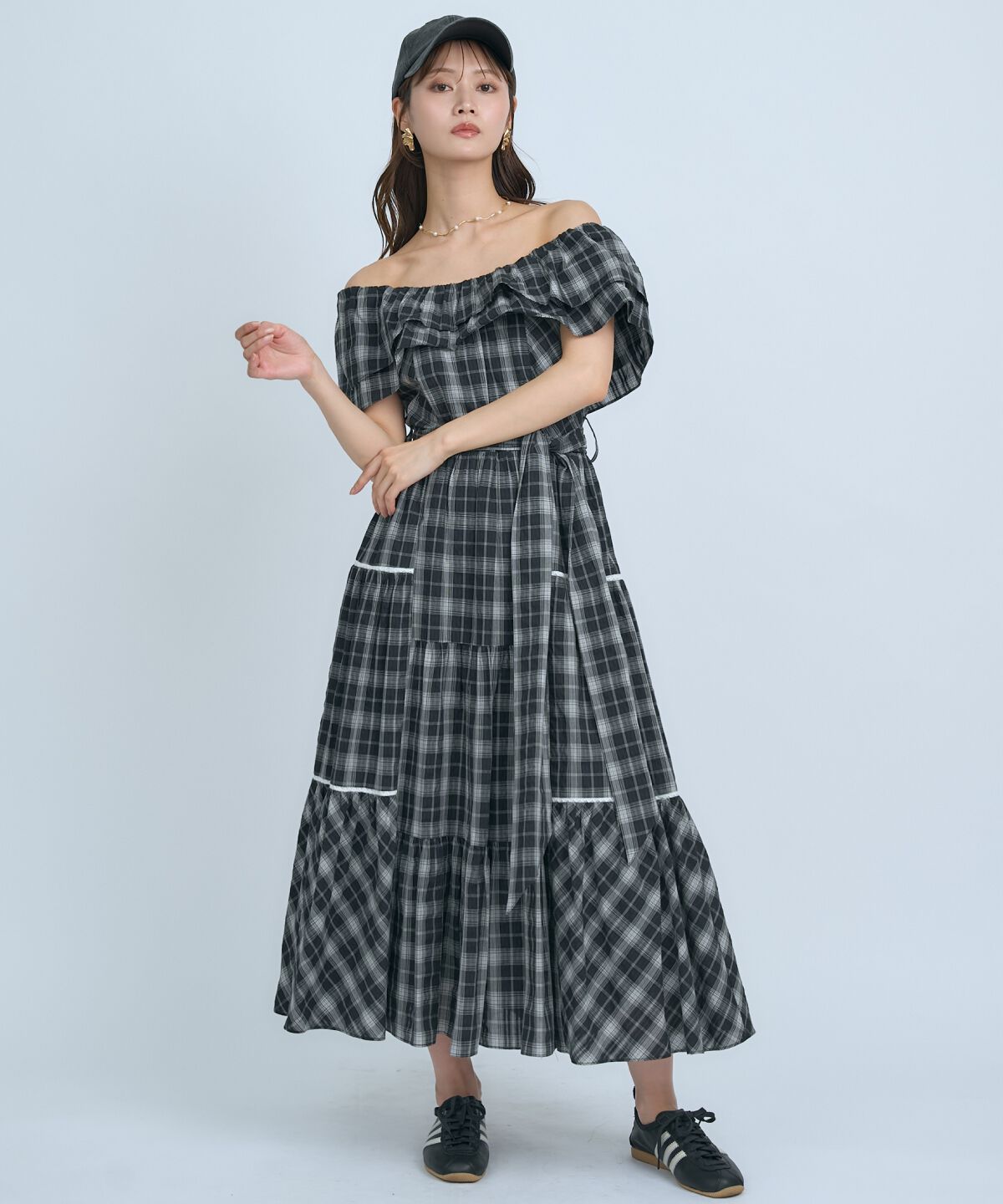アンドクチュール「オフショルチェックフレアワンピース」|ワンピース|