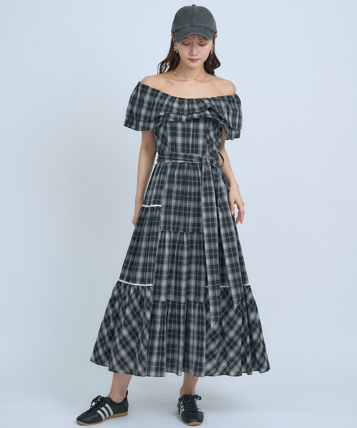 アンドクチュール「オフショルチェックフレアワンピース」|ワンピース|